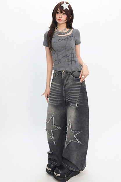Y2K Star Patch Wide-Leg Jeans