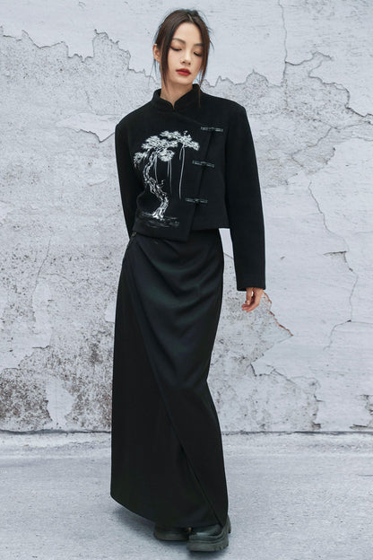 ブラックエンブロイダードウールンコート