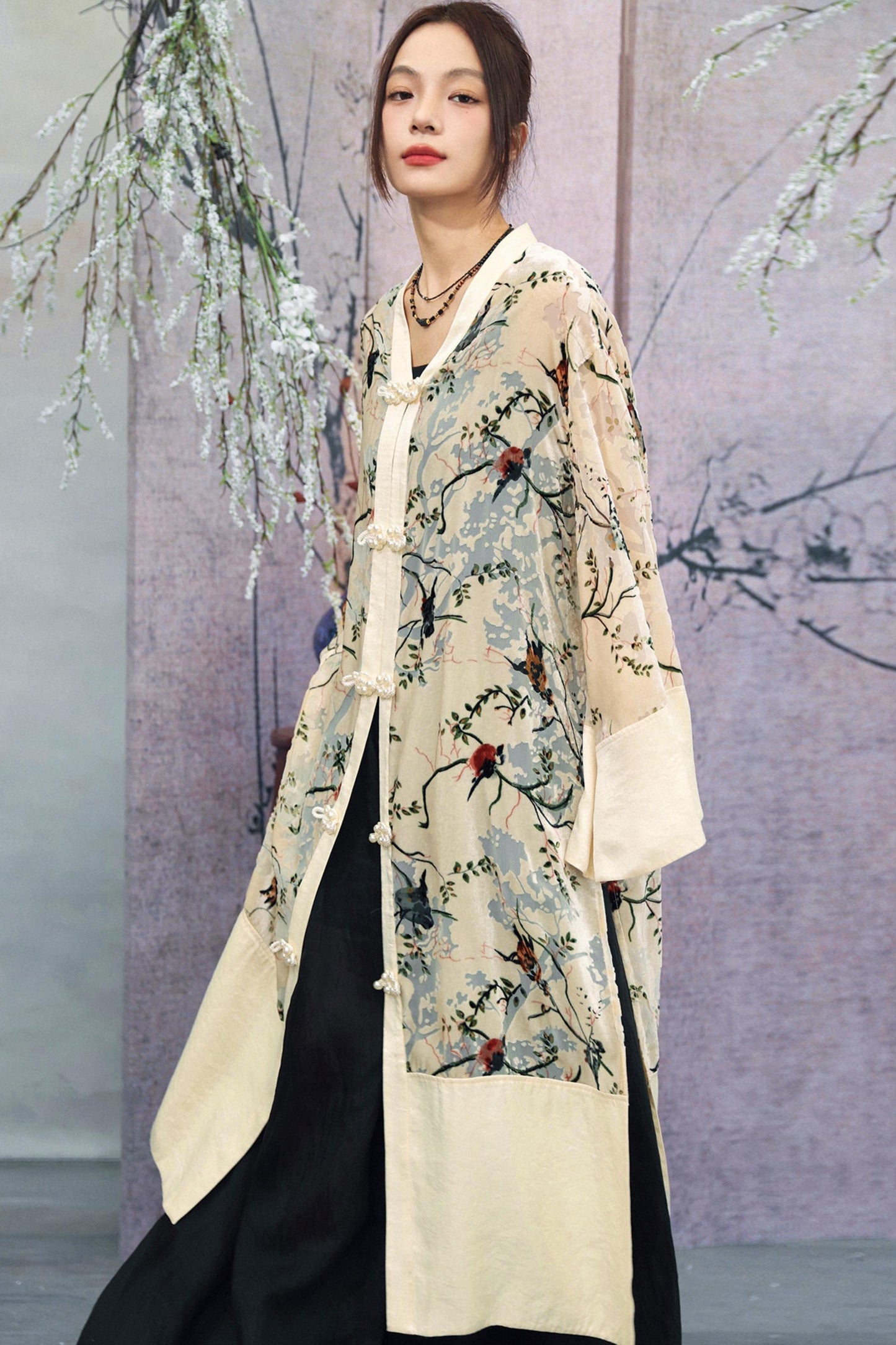 Floral Print Sheer Satin Chinese-Style Long Cardigan