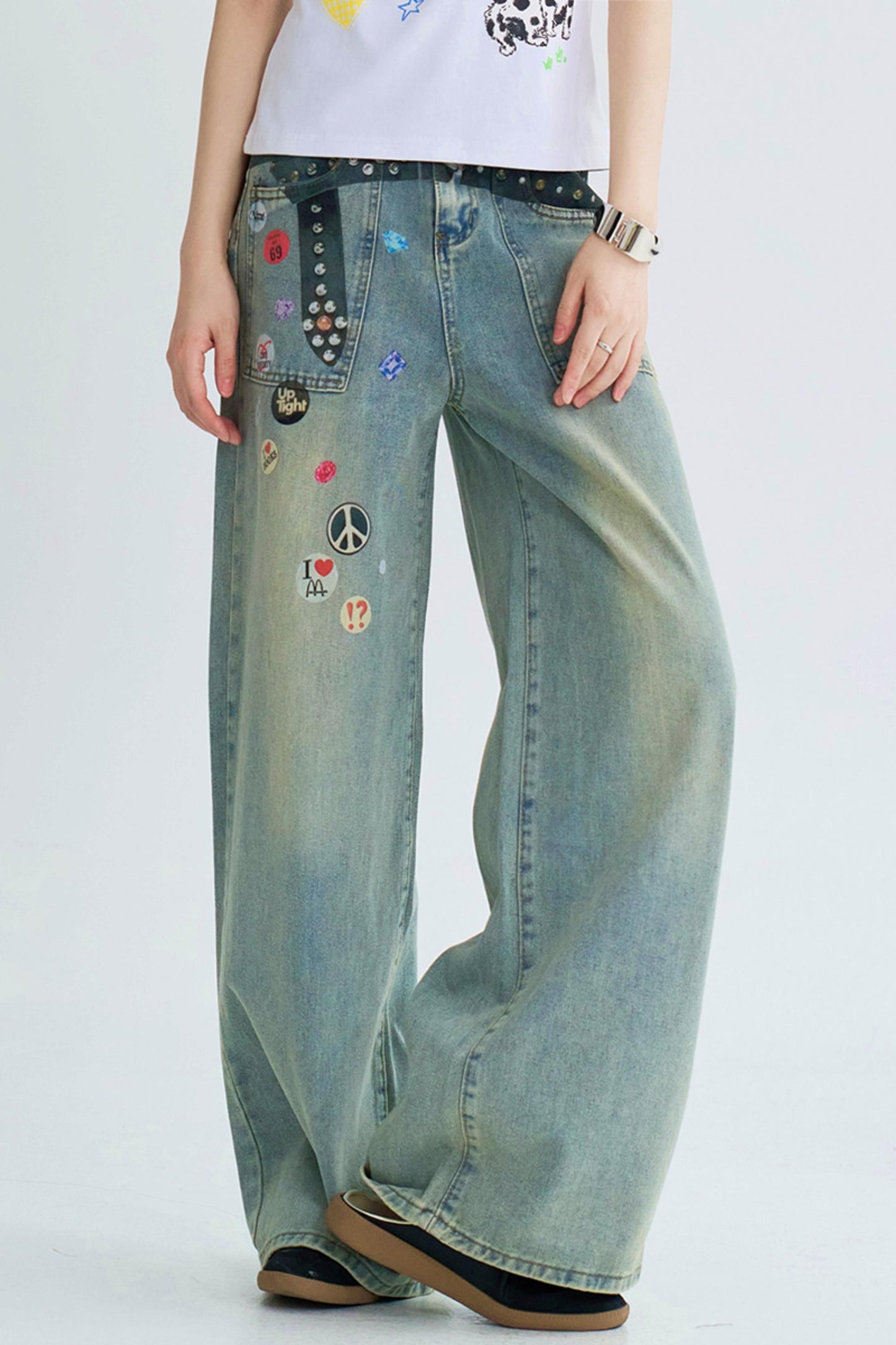 Retro Print Straight Leg Denim Pants