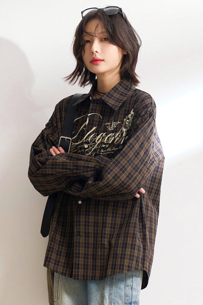 Oversized letter-print check shirt