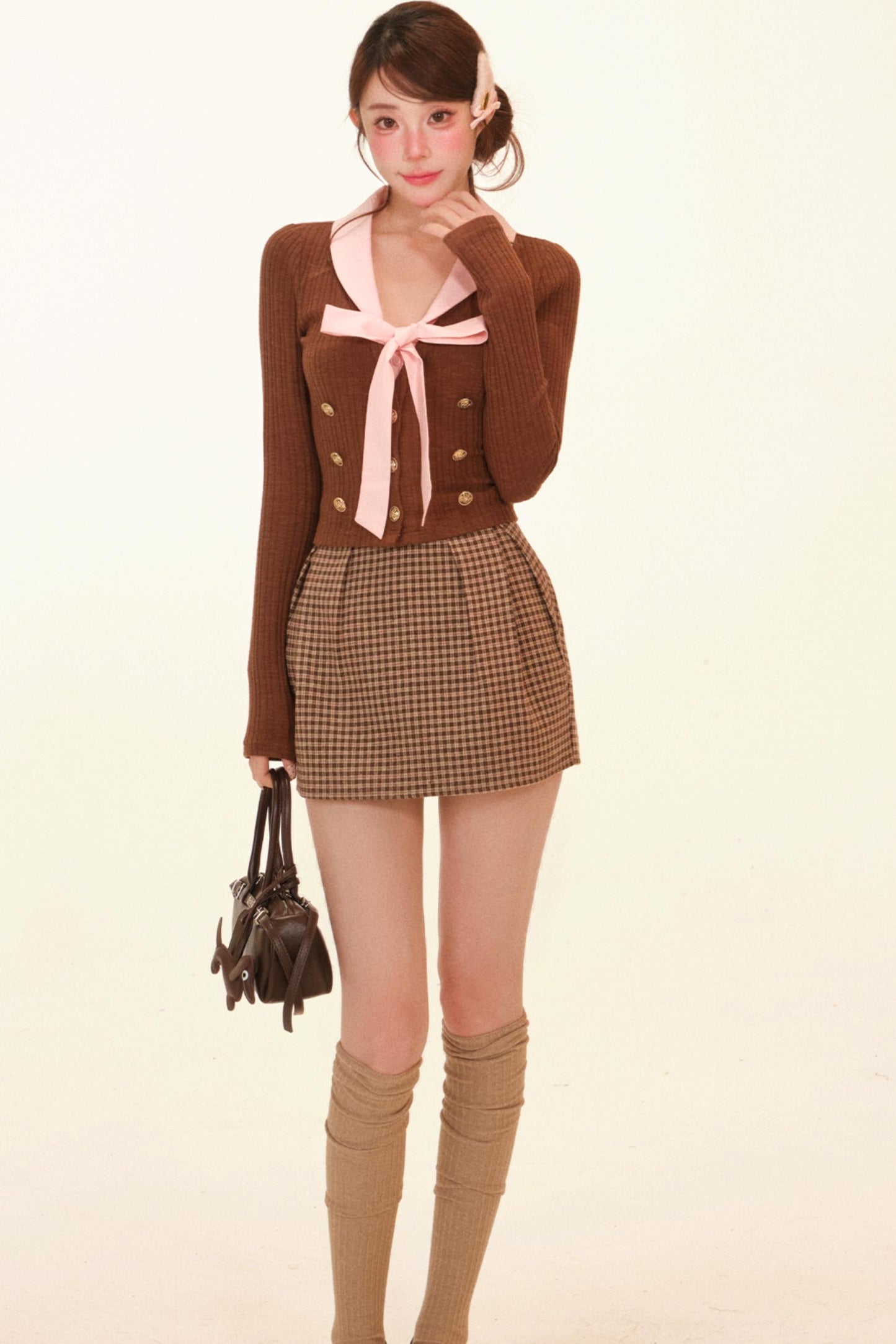 Cream Caramel Plaid Winter Coat + Top + Skirt