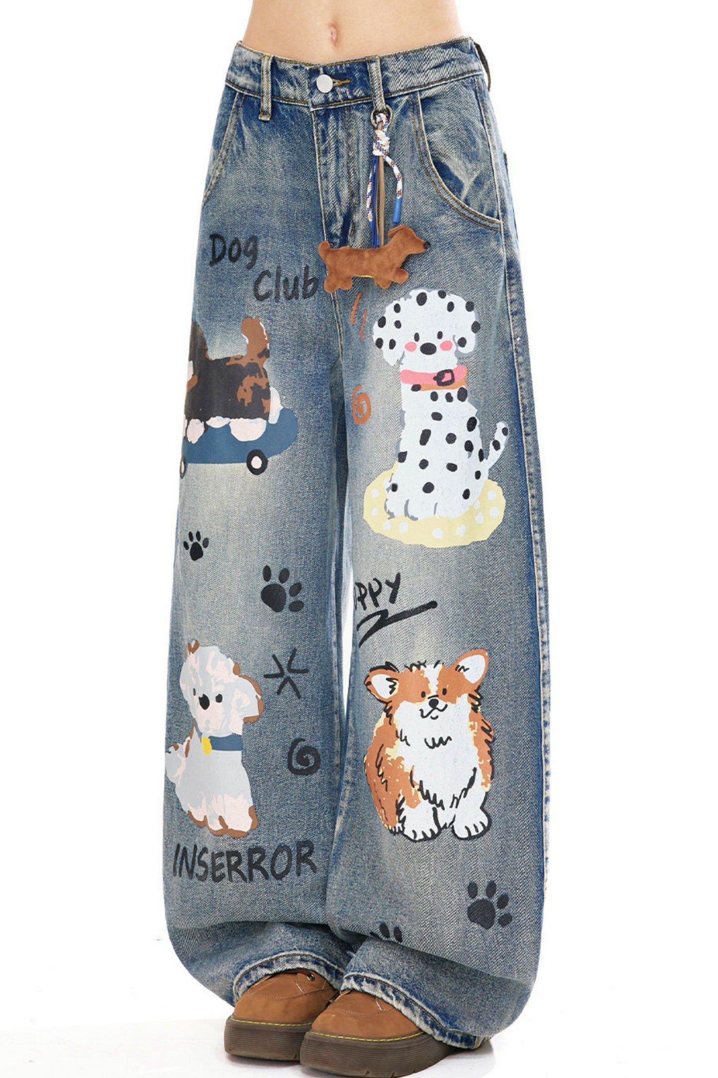 Dog Graphic Wide Denim Pants