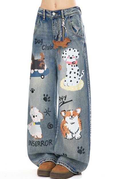 Dog Graphic Wide Denim Pants