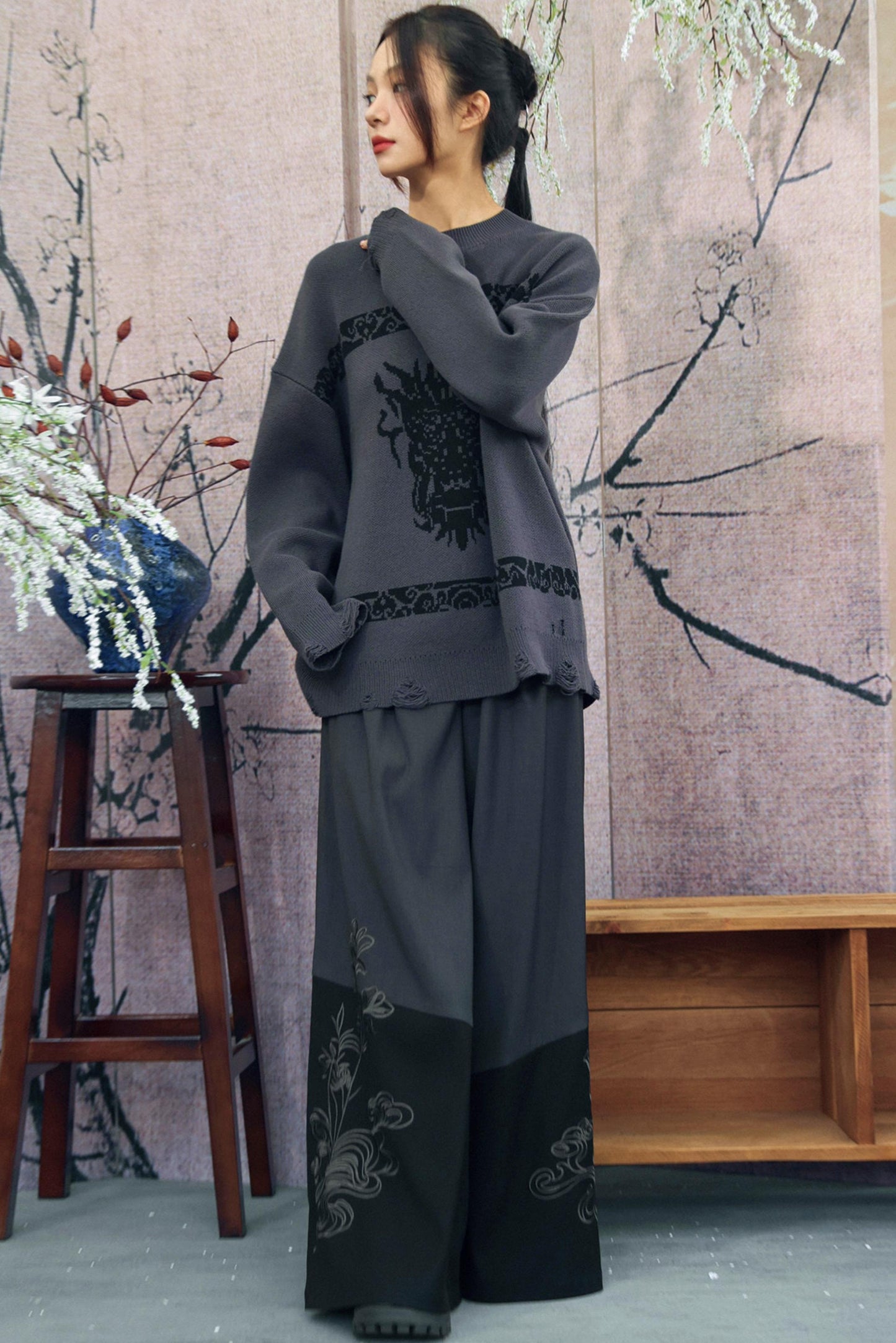 Gray x Black Embroidered High-Waist Wide-Leg Pants