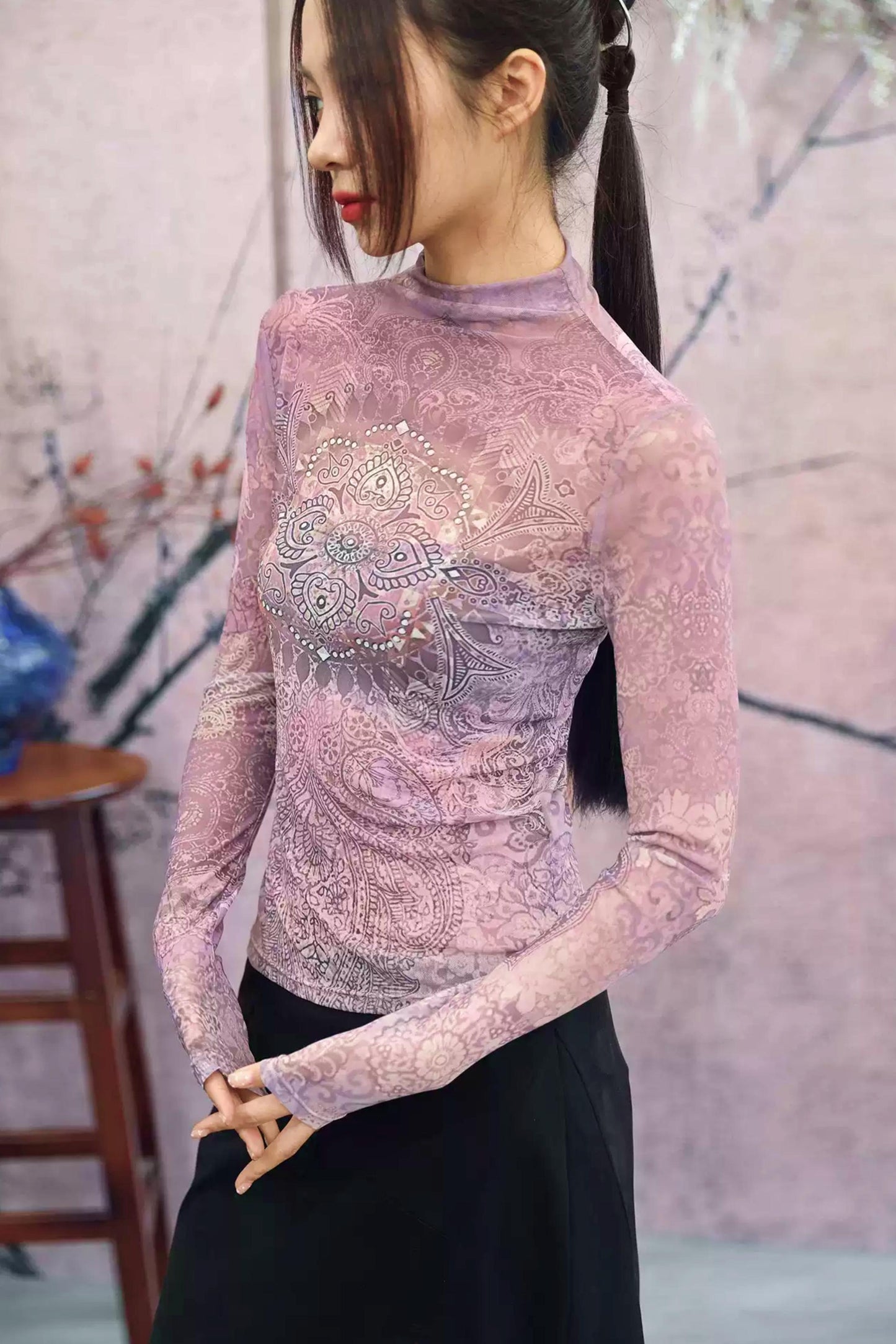 Elegant Purple Paisley Sheer Top