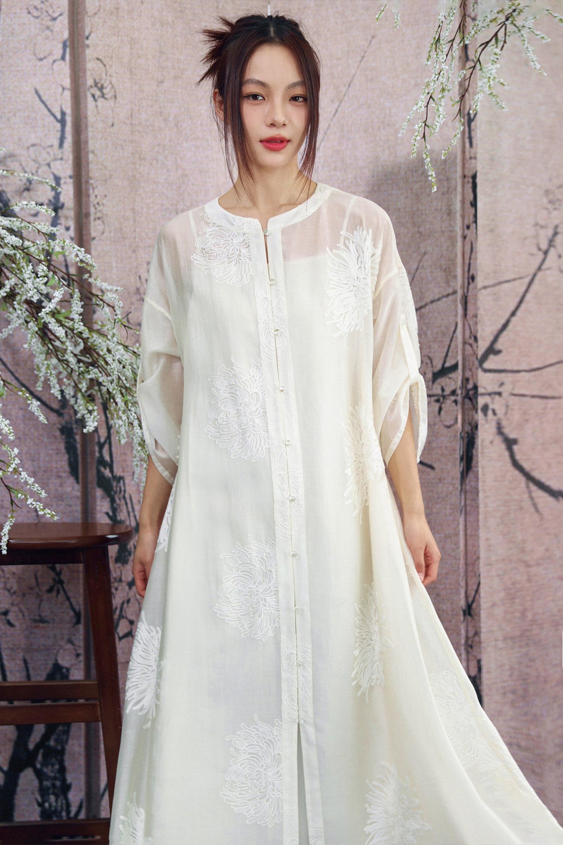 white sheer embroidered dress ROSEE de MATIN LONG SLEEVE SEMI SHEER LACE DRESS IN White
