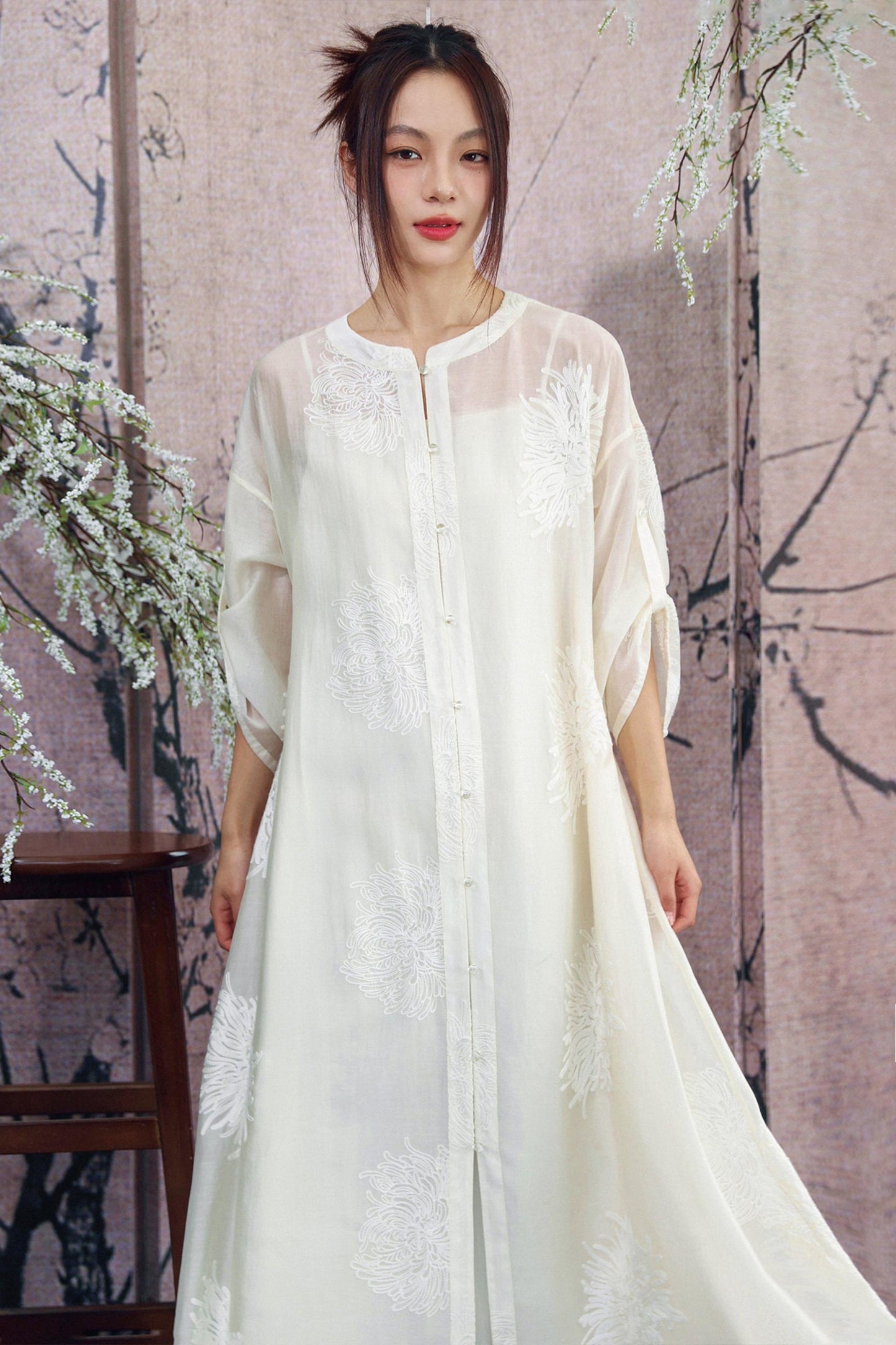 White Sheer Floral Embroidered Band-Collar Shirt Dress