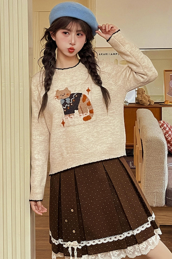 キャットジャカードカラーブロックセーター