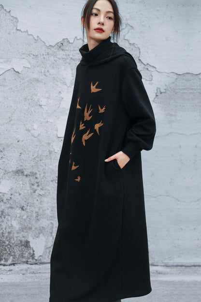 チャイニーズフリースラインフーデッドドレス