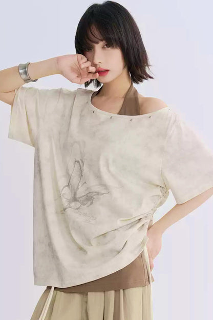 Wide Neck Butterfly Print Tee Shirt