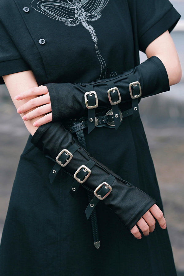 Black Dark Fantasy Metal Buckle Arm Covers (Fingerless Gloves)