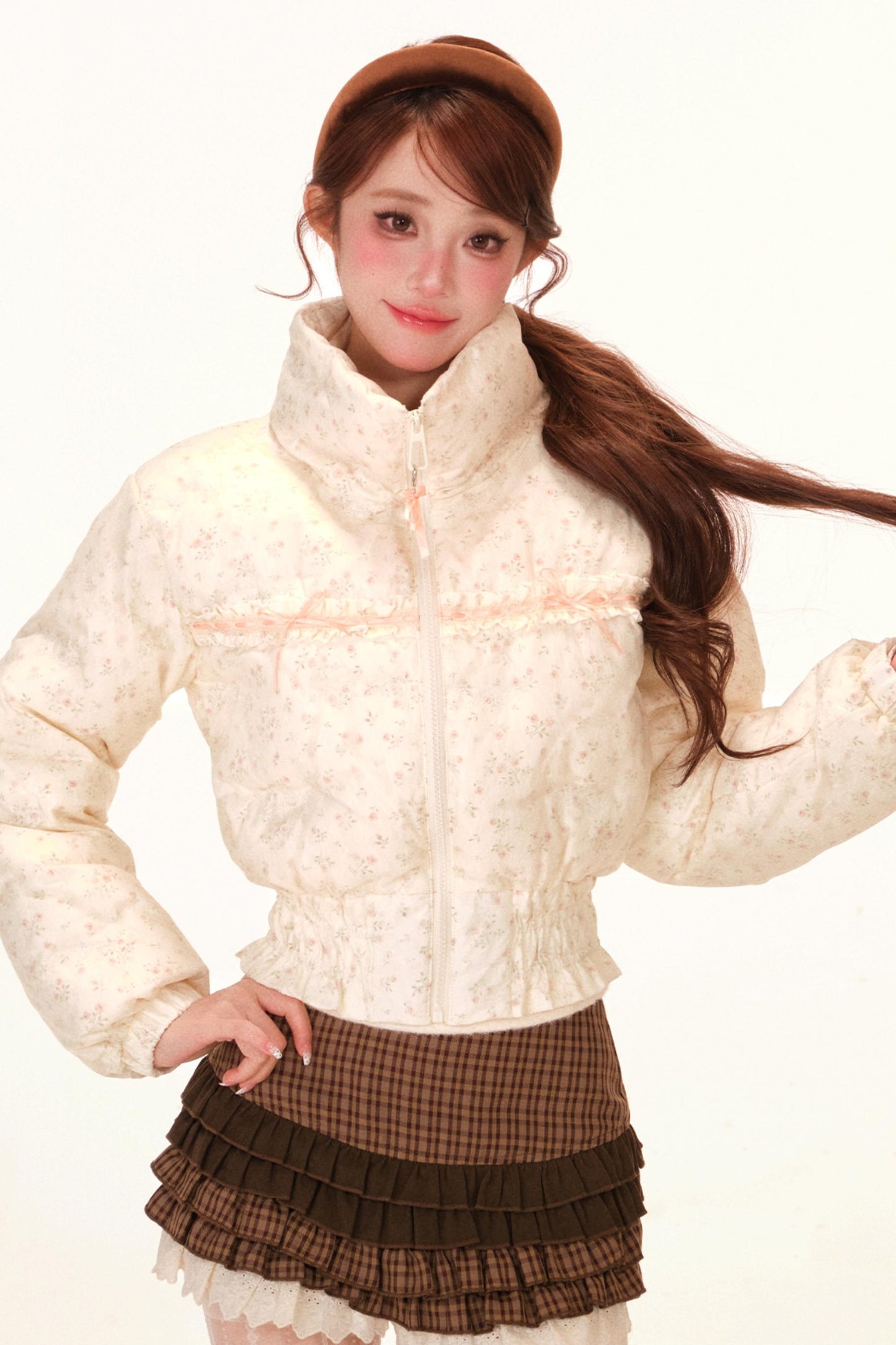 Sweet Lace Floral Down Jacket + Skirt