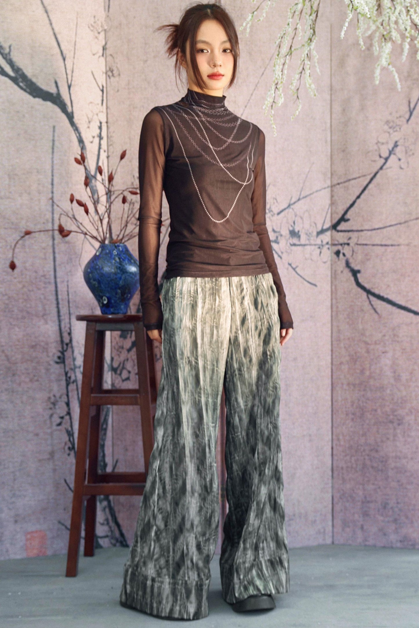 Gray Gradient Crinkled Wide Pants