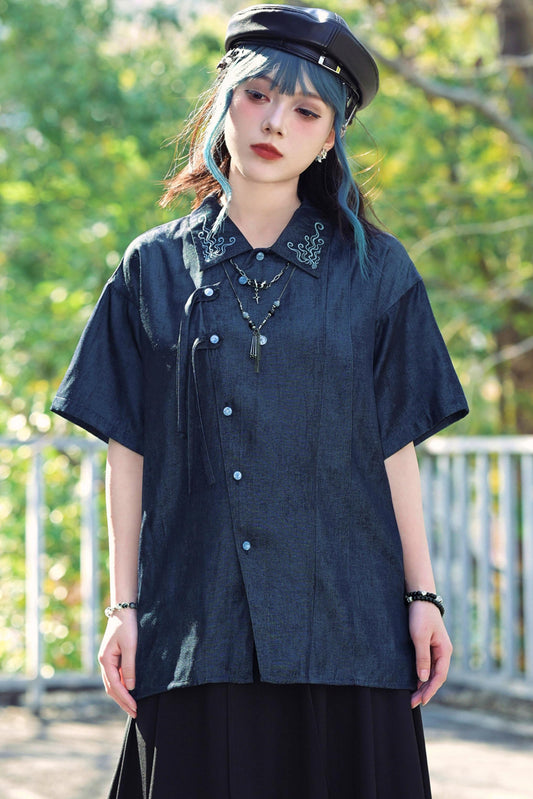 Embroidered Color Asymmetrical Chinese-Style Shirt