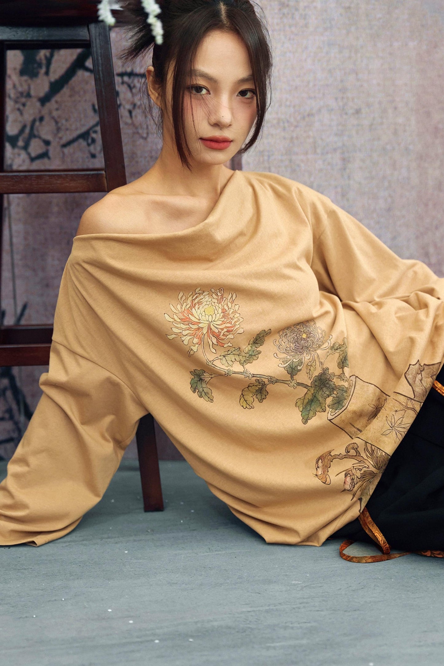 Floral Art Print Drape Neck Top
