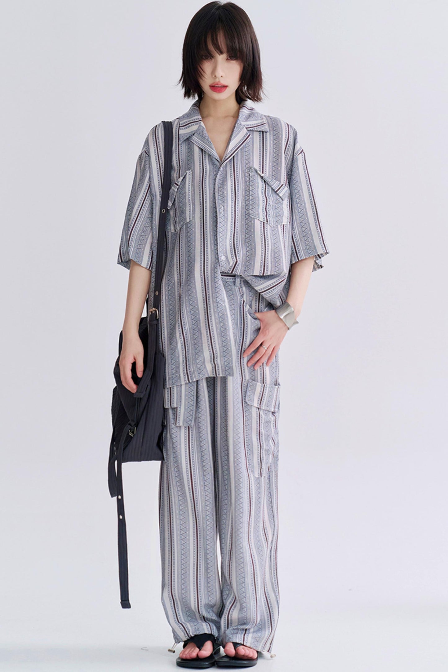 レトロプリントショートスリーブシャツセットアップ