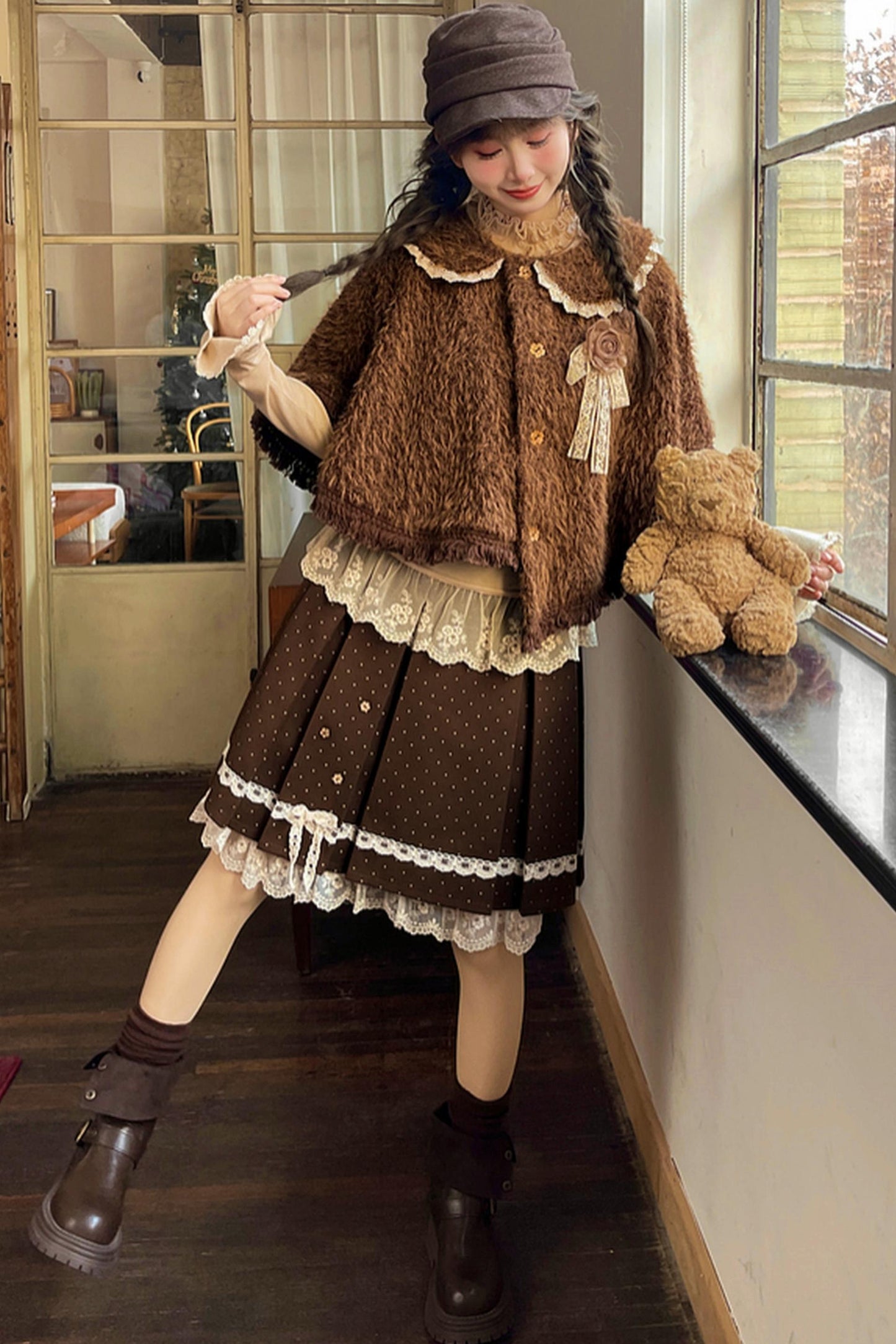 ブラウンポルカドットレーススカート