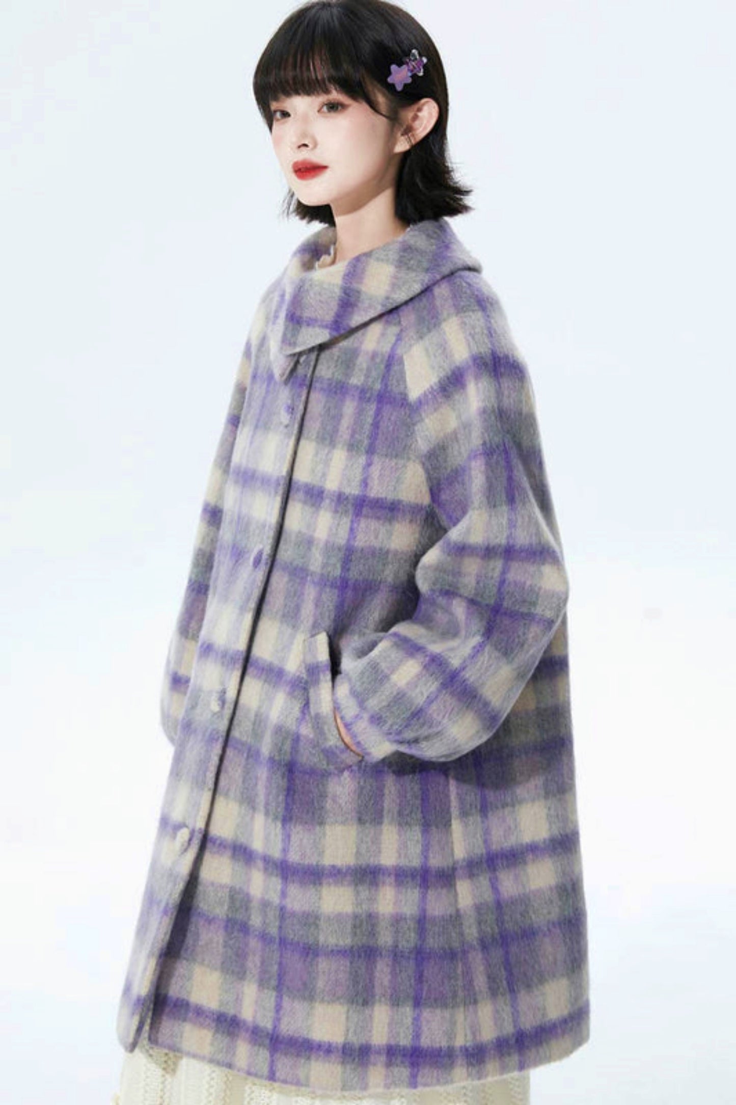 Purple Plaid Woolen Coat