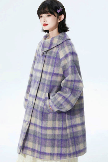 Purple Plaid Woolen Coat