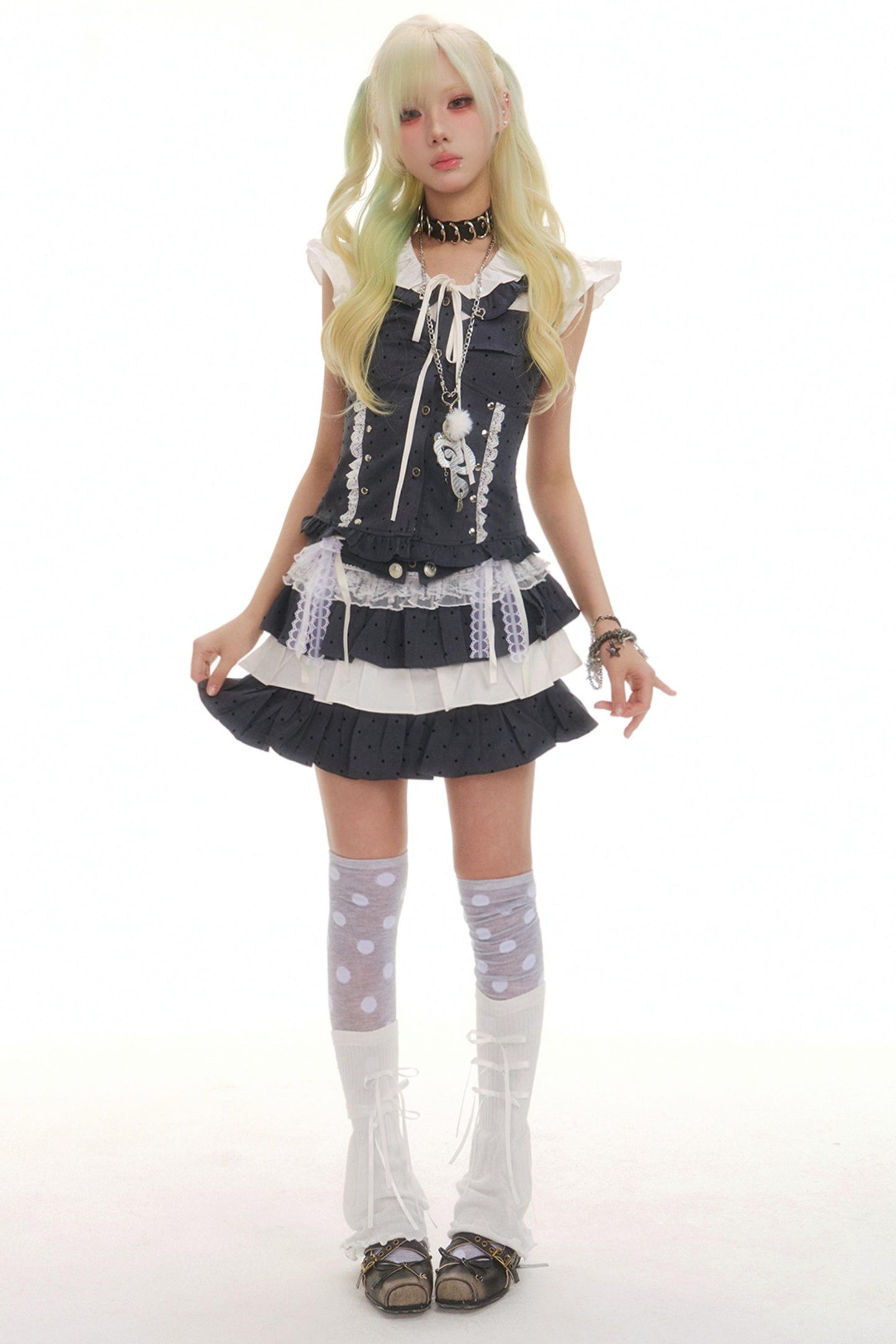 Gray Dot Lace Doll Top