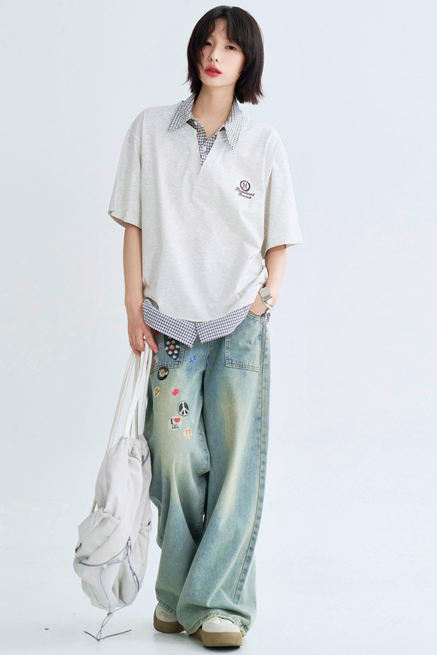 Retro Print Straight Leg Denim Pants