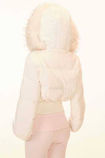 スノーベルベットフェザーフーデッドダウンジャケット