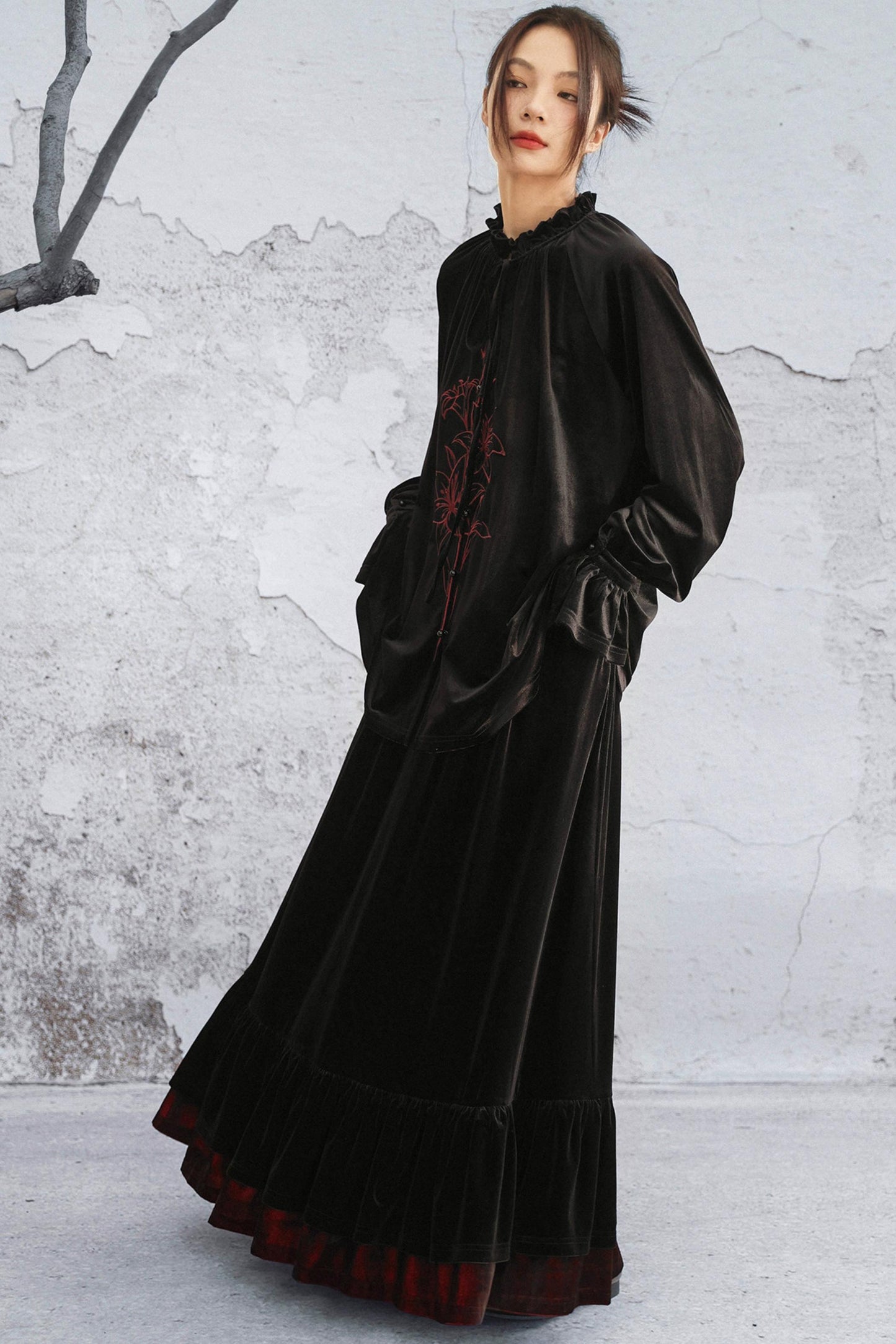 Black Velvet Lily Embroidered Blouse