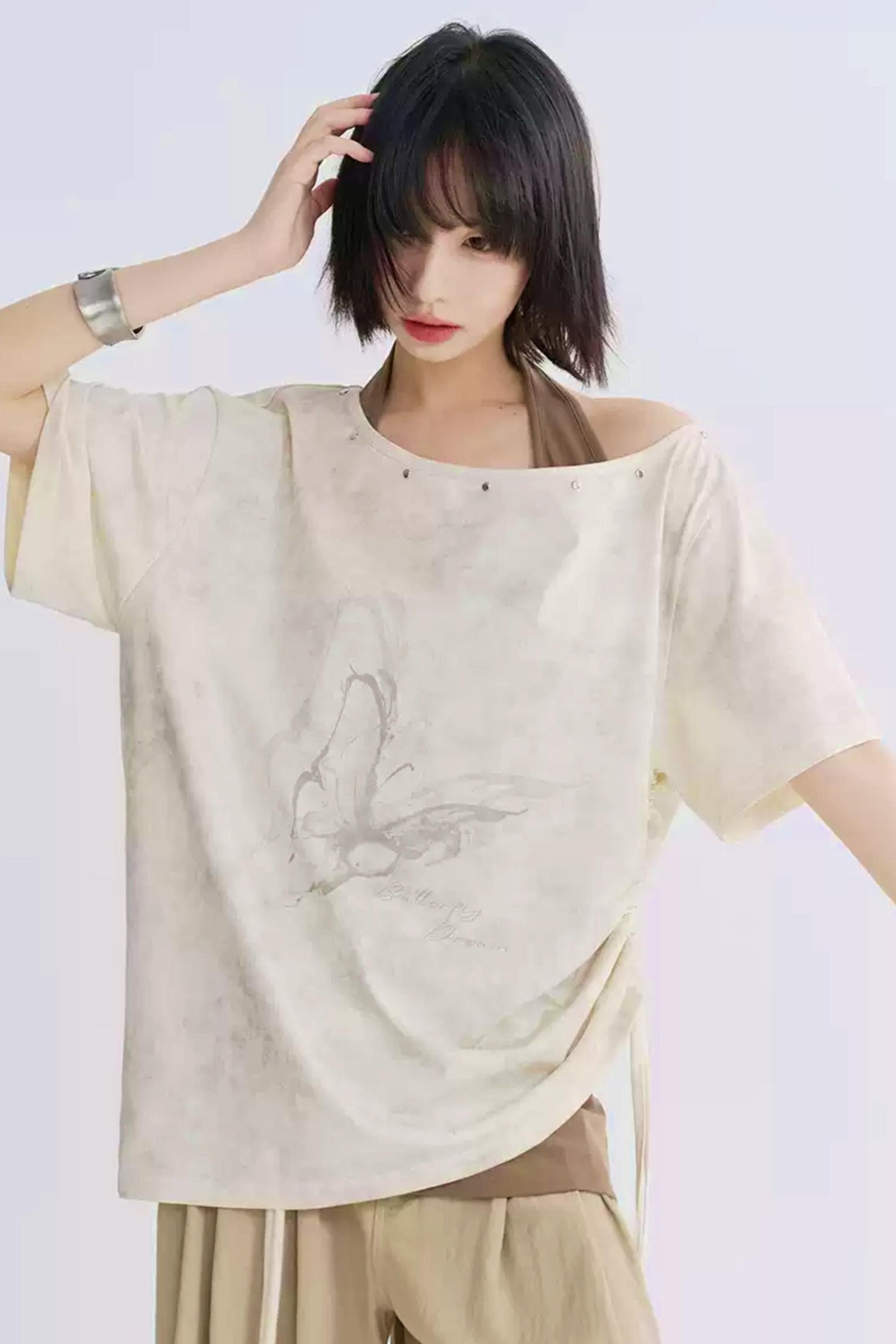 Wide Neck Butterfly Print Tee Shirt