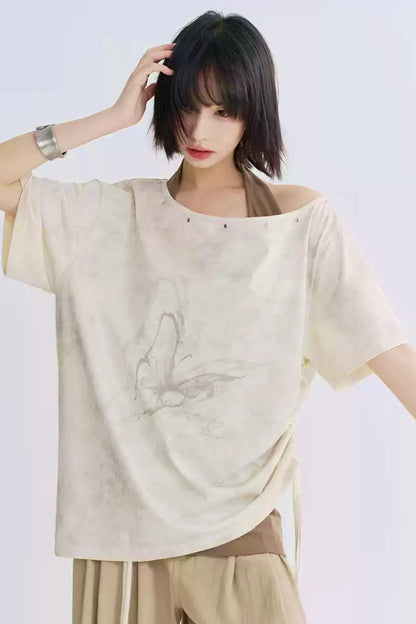 Wide Neck Butterfly Print Tee Shirt