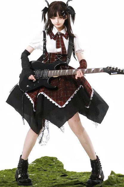 Gothic-Schulidol-Lolita-Trägerrock + Hemd + Ärmel