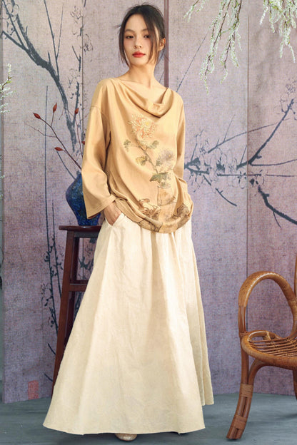 Floral Art Print Drape Neck Top
