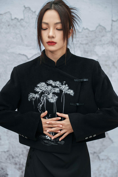 ブラックエンブロイダードウールンコート