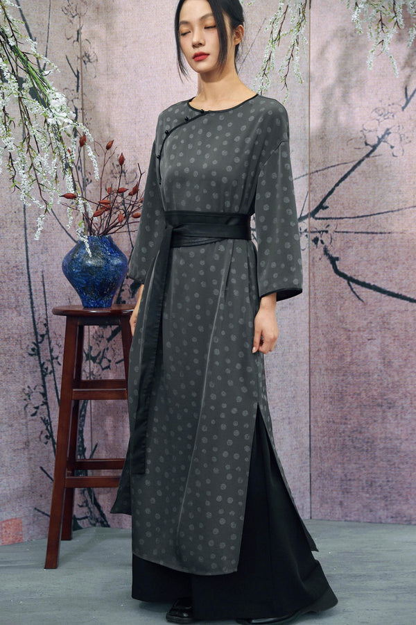 Dot Print Chinese Slit Long Dress