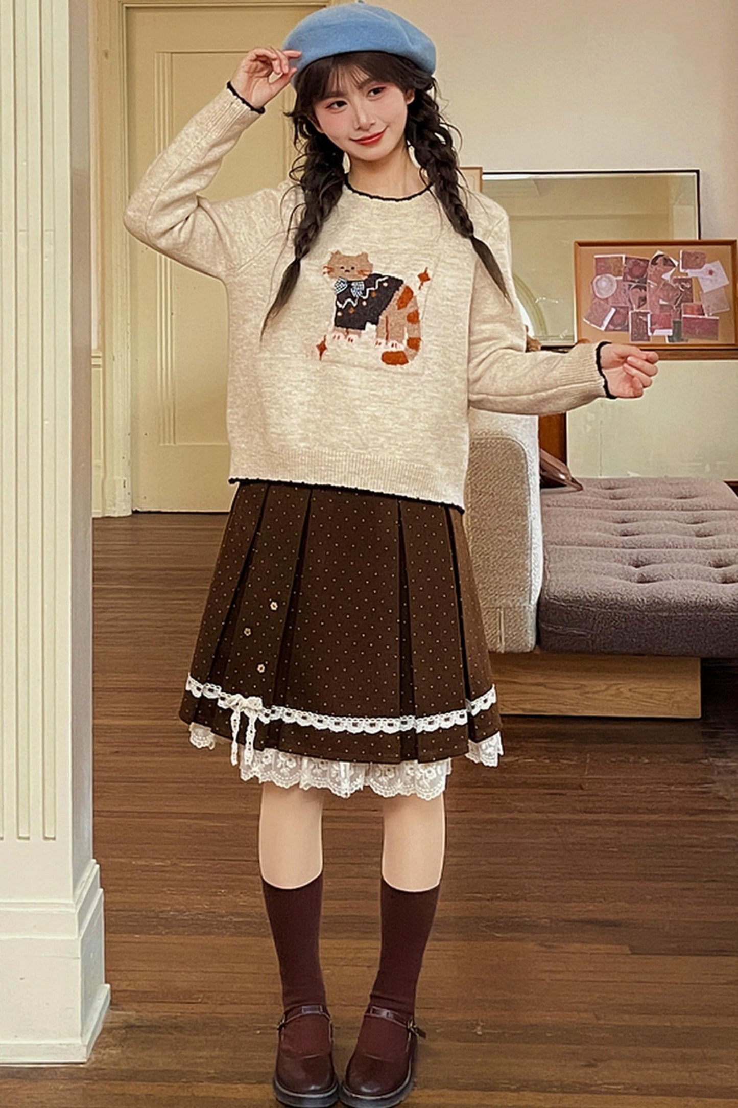 キャットジャカードカラーブロックセーター