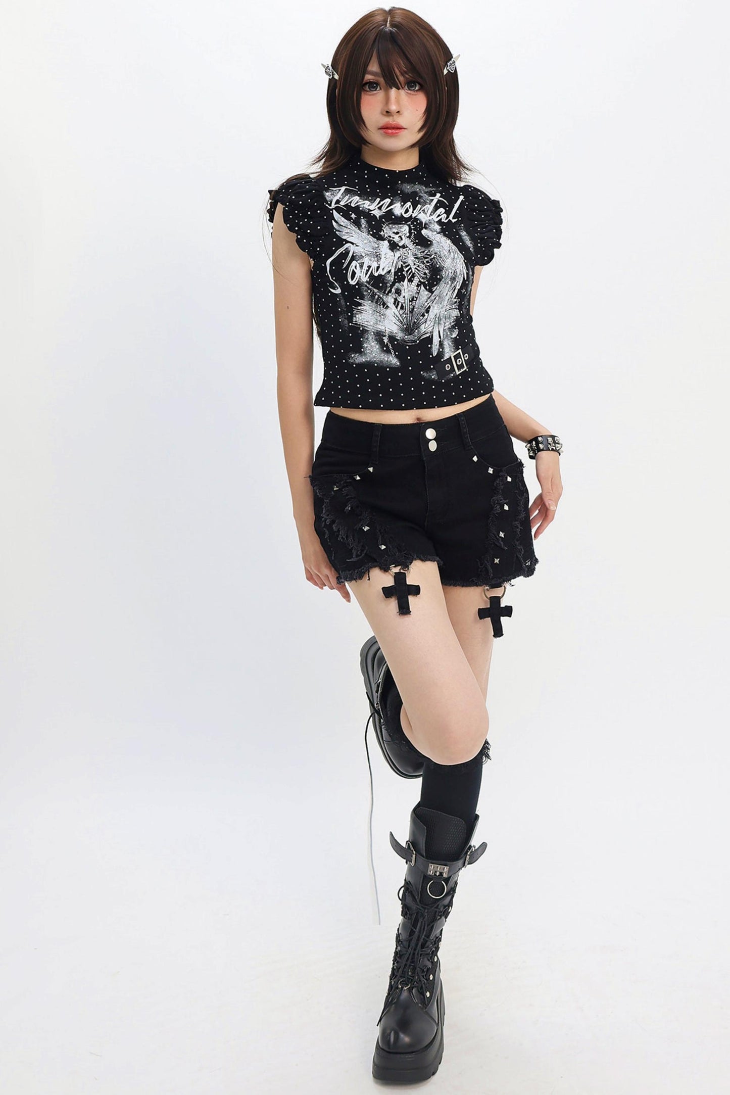 Cross Charm Distressed Shorts