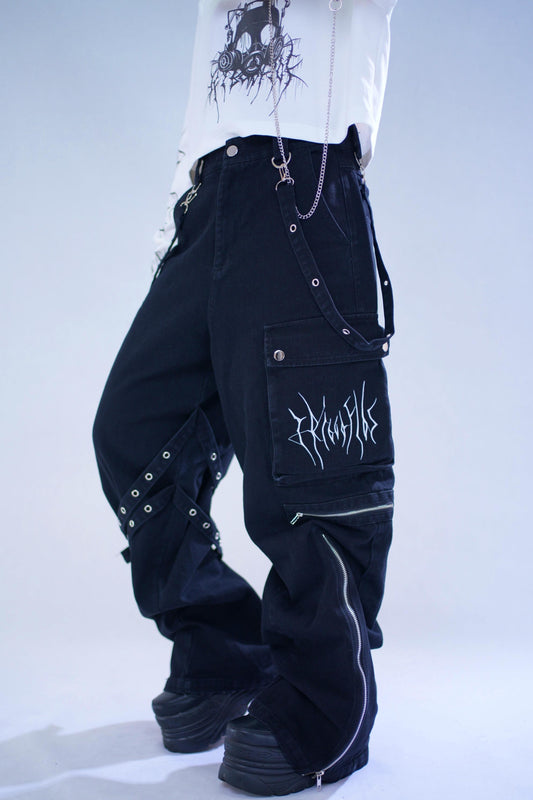 ウォッシュドデニムエンブロイデニムパンツ