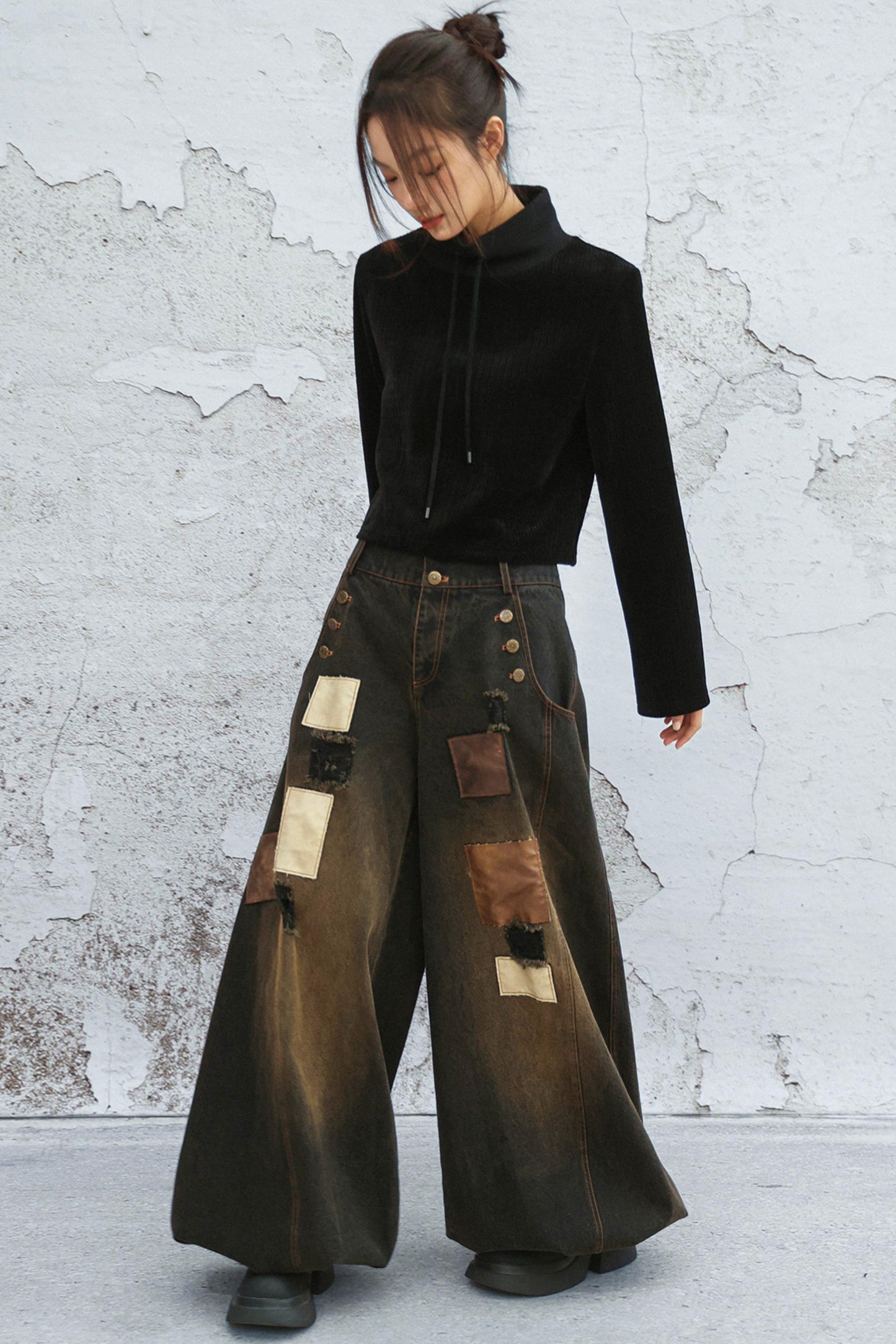 パッチワークワイドデニムパンツ