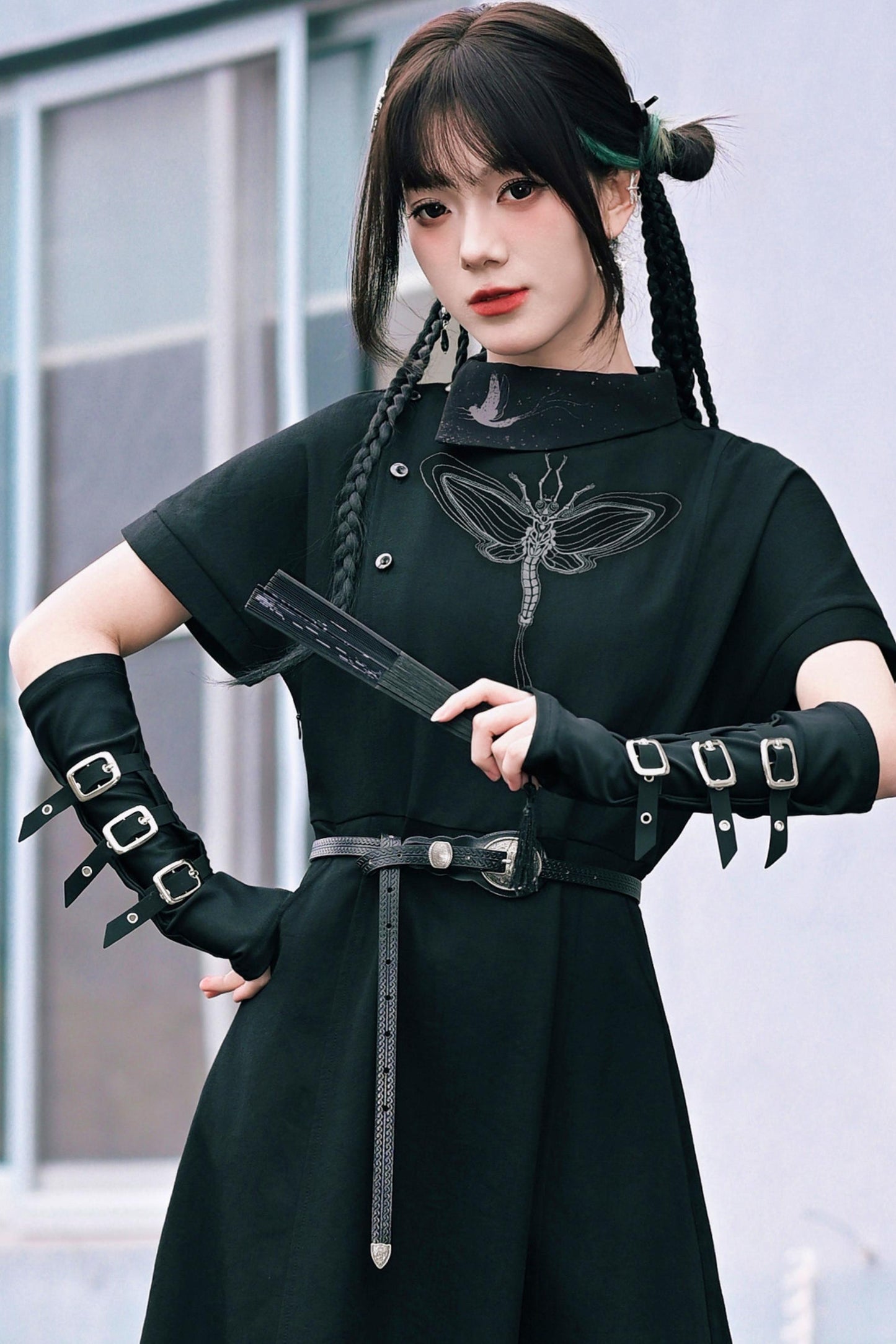 Black Dark Fantasy Metal Buckle Arm Covers (Fingerless Gloves)