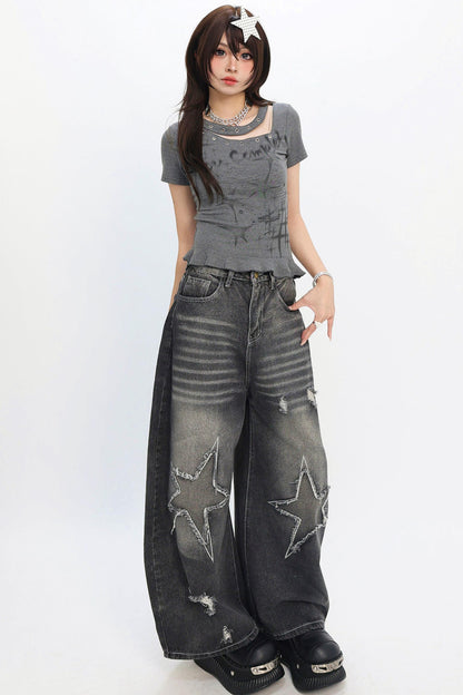 Y2K Star Patch Wide-Leg Jeans