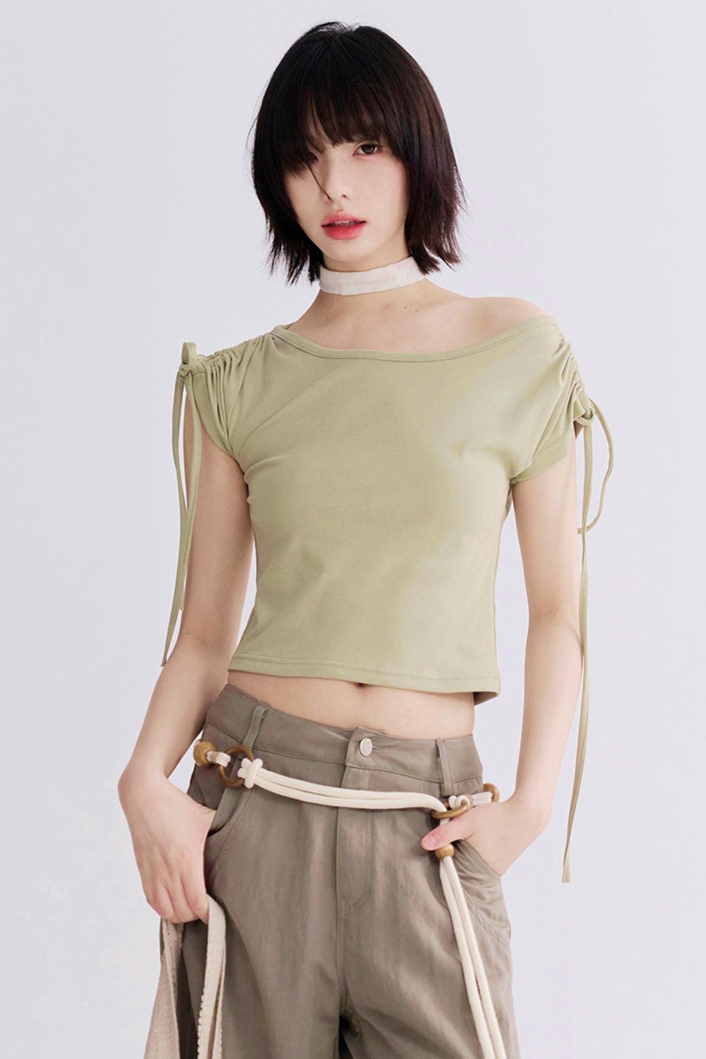 Shoulder Drawstring Cutout Tops
