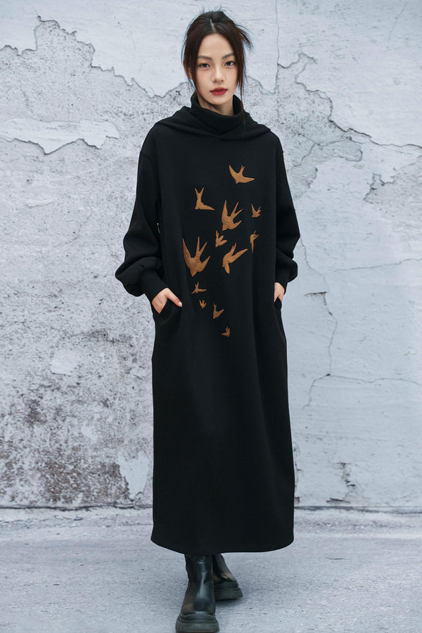 チャイニーズフリースラインフーデッドドレス