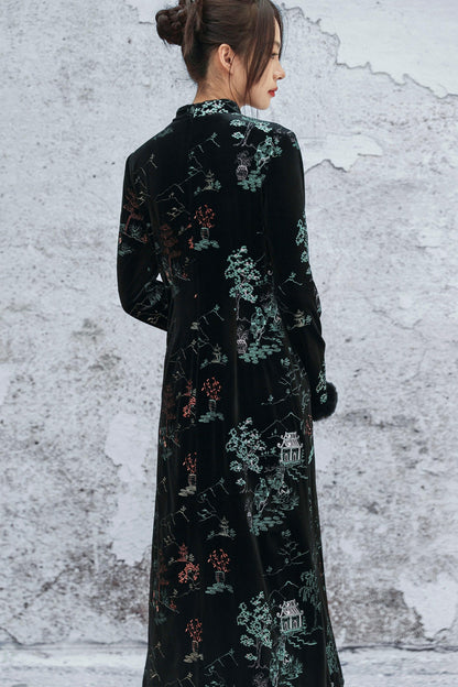 エンブロイダープラッシュチョンサムドレス