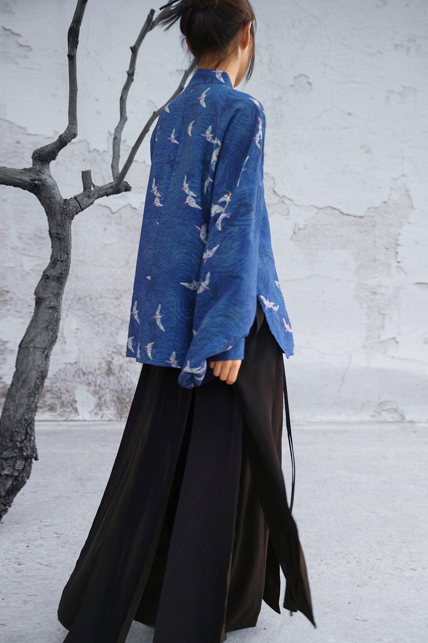Dark Blue Retro Bird Pattern Stand Collar Shirt