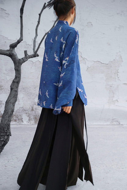 Dark Blue Retro Bird Pattern Stand Collar Shirt