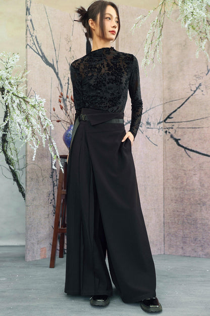 Schwarzes florales transparentes Rüschen-Oberteil im dunklen Mode-Stil