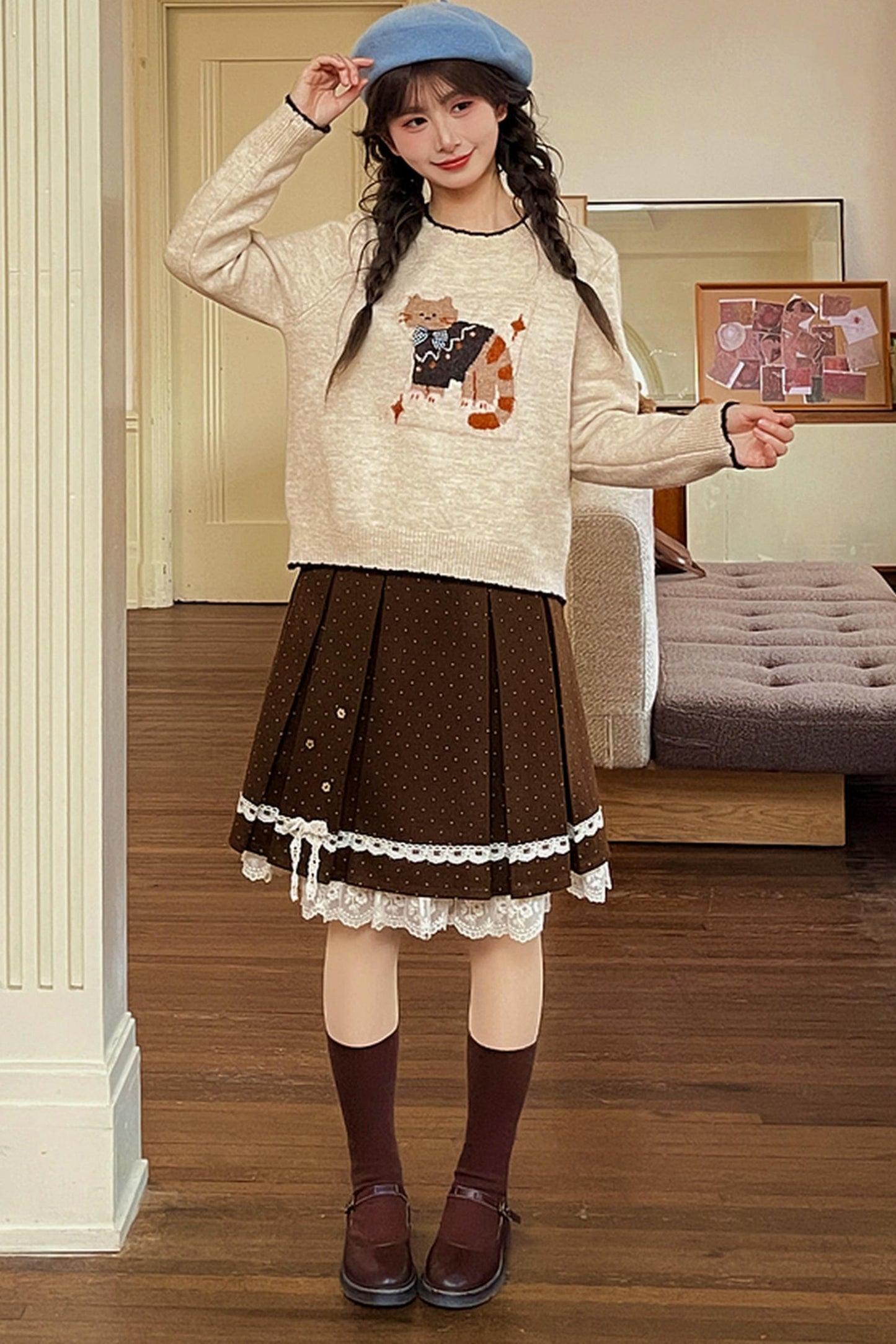 ブラウンポルカドットレーススカート