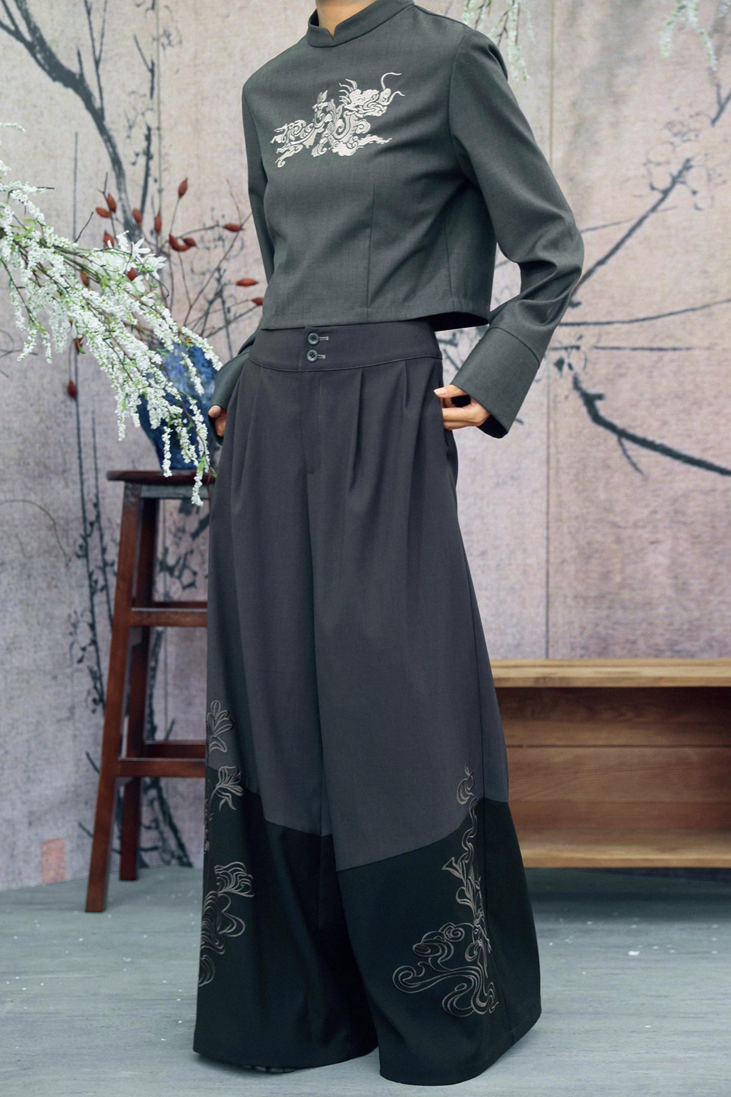 Gray x Black Embroidered High-Waist Wide-Leg Pants