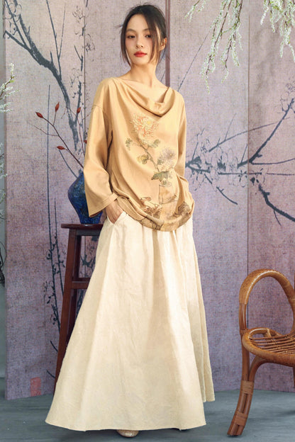 Ensemble élégant haut ample drapé en jacquard blanc cassé + jupe