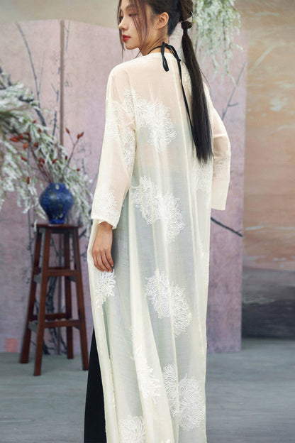 White Sheer Floral Embroidered Band-Collar Shirt Dress